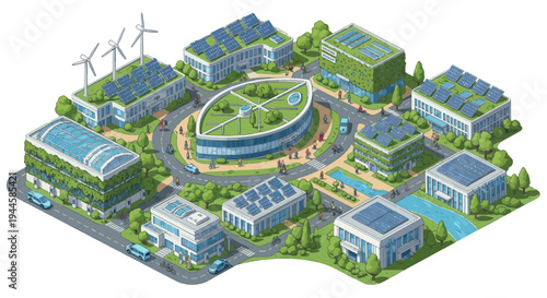 Sustainable city architecture with solar panels and wind turbines, eco-friendly buildings, green roofs