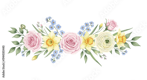Delicate watercolor floral arrangement with roses, daffodils, and forget-me-nots
