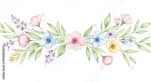 Delicate watercolor floral border with pastel pink, blue, and yellow blossoms and green leaves