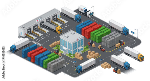 Isometric logistics hub with trucks, containers, forklifts, and warehouse. Cargo transport and delivery.