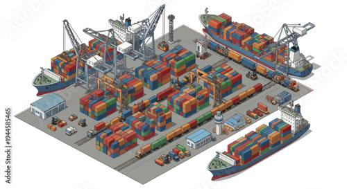 Isometric Cargo Port with Ships, Cranes, Containers, and Trains