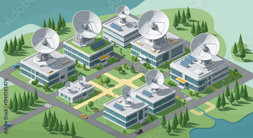 Satellite communication center with dish antennas and solar panels, isometric view