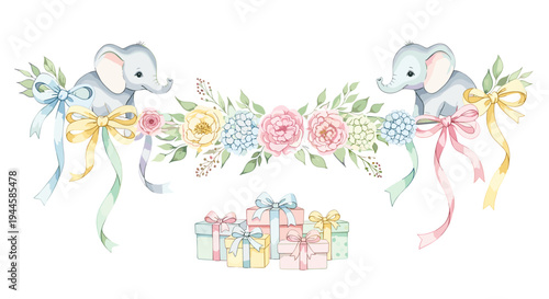 Cute baby elephants with floral garland and gift boxes, perfect for baby shower invitations