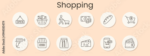 Shopping set. Open sign, basket, shopper cart, cash coins, bread, trolley, barcode scanner, storefront, fittingroom, cheese, mobile buy, creditcard, retail store, checkout, groceries, consumer service