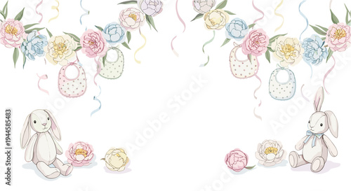 Watercolor illustration of cute bunnies, floral garland, and pastel baby decorations.
