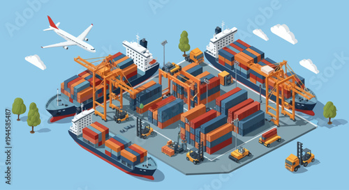 Isometric Port Logistics: Ships, Cranes, Containers, Trucks, Airplane - Global Trade