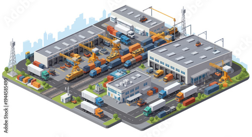 Isometric Logistics Hub: Warehouses, Trucks, Cranes, Shipping Containers, City Skyline
