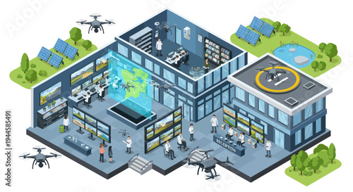 Drone Control Center: Futuristic Technology Hub with Drones, Solar Panels, and Monitoring Screens
