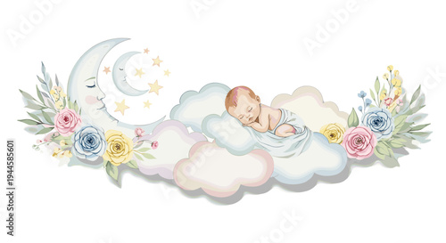 Sweet dreams: baby sleeping peacefully on clouds with moon and stars