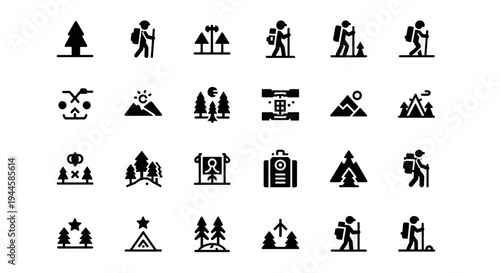 Collection of outdoor adventure and hiking icons, representing nature and travel activities
