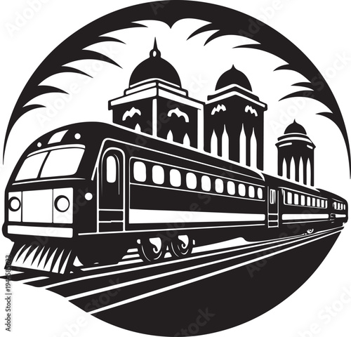 Modern train engine vector illustration with historic middle eastern architecture backdrop