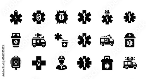 Collection of medical and emergency service icons with star of life and ambulance symbols