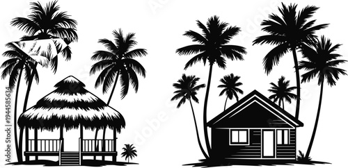 Tropical scene with thatched hut and modern house surrounded by tall palm trees in black and white
