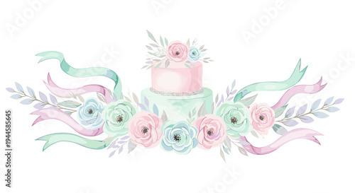 Elegant watercolor two-tier cake adorned with pastel flowers and flowing ribbons