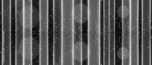 Purple orange vertical light curtain composition. Glowing columns with violet upper tones, warm base glow, scattered spark particles, soft bokeh circles, dark backdrop, neon luminous atmosphere