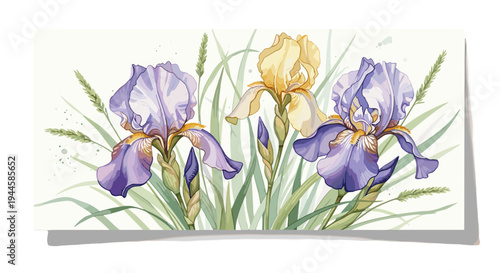 Delicate watercolor painting of purple and yellow iris flowers blooming amongst green grass blades