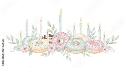 Sweet celebration with donuts and lit candles, adorned with delicate flowers and leaves
