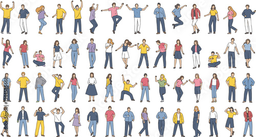 Diverse group of people standing, sitting, jumping, and dancing in various casual poses, flat vector characters isolated on white.