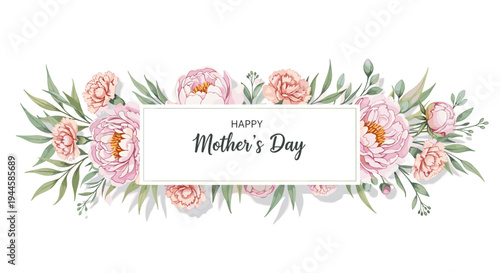 Happy Mother's Day greeting card with delicate pink peonies and green leaves