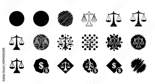 Collection of justice scales icons and abstract graphic elements for legal and financial themes