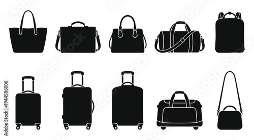 A set of black silhouettes featuring various travel bags and luggage, including handbags, suitcases, and duffel bags, on a clean white background, ideal for travel and transportation concepts.