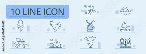 Farming set icon. Carrot, chicken, farmer, windmill, tractor, barn, cow, crops, agriculture, rural, harvest, livestock, organic, countryside, production, field