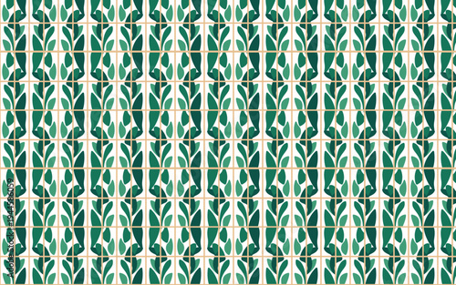 Seamless mid-century modern botanical pattern with abstract green leaves and grid
