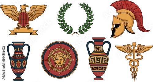 Ancient Roman Icons Collection Featuring Laurel Wreath, Eagle, Gladiator Helmet, Vases, and Caduceus