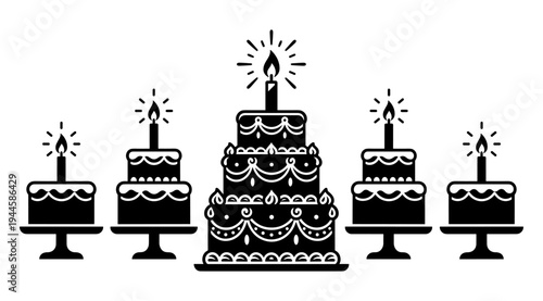 A black and white illustration of a set of decorated birthday cakes with lit candles on stands, perfect for celebrations and party themes.