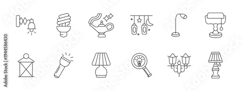 Lighting set icon. Collection with wall lamp, spiral bulb, genie lamp, hanging lanterns, desk lamp, table lamp, garden lantern, flashlight, ceiling chandelier, street lamps.