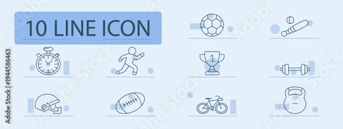 Sport equipment set icon. Stopwatch, runner, trophy, soccer ball, baseball bat, dumbbell, helmet, rugby ball, bicycle, kettlebell, athletic competition.