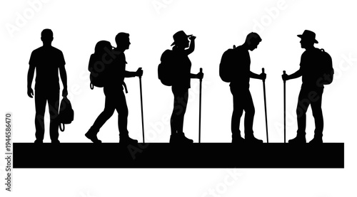 A group of hikers in black silhouette walking in a line, each with backpacks and trekking poles, conveying adventure and exploration on a plain white background.