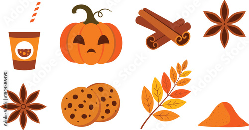 Autumn and Fall Collection Featuring Pumpkin, Cinnamon Sticks, Cookies, Spices, and Fall Leaves