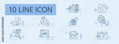 Banking service set icon. Online payment, credit approval, interest rate, loan support, transaction history, client verification, rating, card service, financial analytics, digital banking.