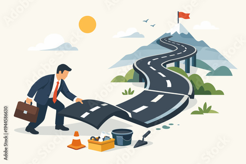 Businessman Building Road to Success Flat Vector Illustration. Professional Man in Suit Laying Path to Mountain Peak with Red Flag. Concept of Career Growth, Ambition, Planning, and Goal Achievement.
