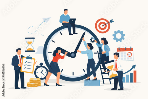 Business Team Working Together for Effective Time Management and Productivity with Giant Clock, Hourglass, Calendar, and Target. Concept of Workflow, Deadlines, Scheduling, and Office Efficiency.