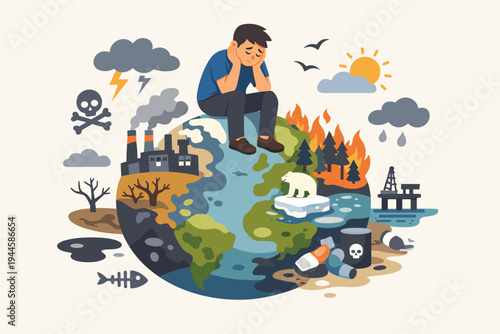 Sad man sitting on a polluted Earth globe with factory smoke, wildfires, melting ice, and toxic waste, representing climate change, environmental crisis, and global warming. Flat vector illustration.