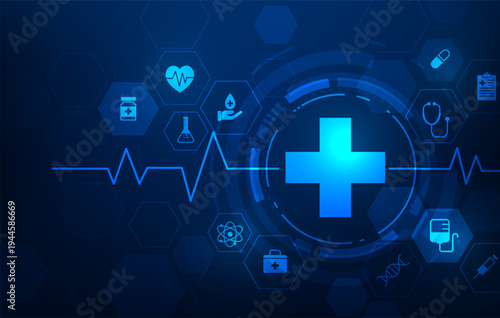 health care medical innovation and icon hospital technology blue background. pharmacy science symbol wallpaper banner. vector illustration fantastic technology.