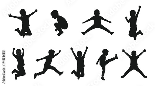 A set of black silhouettes depicting children in various playful jumping poses on a white background, conveying joy and freedom.