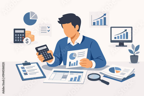 Flat vector illustration of a male accountant sitting at a desk analyzing financial reports, balance sheets, and data charts with a calculator, magnifying glass, and computer for business.
