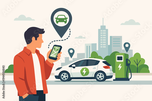 Man Using Smartphone App to Locate Electric Vehicle Charging Station in Modern City, Vector Illustration of Sustainable Urban Transportation and Green Energy Technology for EV Owners in Town