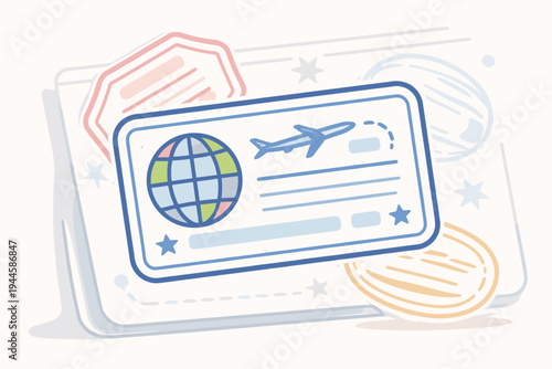 Simple flat vector illustration of a visa stamp or boarding pass in a passport featuring a globe and airplane icon. Ideal for travel, tourism, immigration, and international flight concepts.