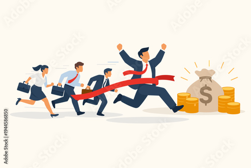Businesspeople racing to reach the finish line and win a financial reward. A businessman crosses the red ribbon first, aiming for a large money bag and gold coins. Competition and success concept.