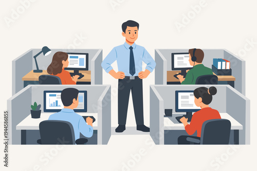 Professional business office vector illustration featuring diverse employees working at computer workstations in cubicles while a confident manager supervises the team in a corporate workspace.
