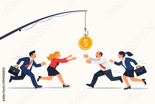 Business People Running for Money Bait on Fishing Rod, Flat Vector Illustration of Corporate Greed, Financial Incentive, Competition, and Professional Employees Chasing Wealth and Success.