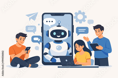 Flat Vector Illustration of People Interacting with an AI Chatbot Assistant on a Large Smartphone Screen, Using Laptop, Tablet, and Mobile Phone for Online Customer Support and Communication.