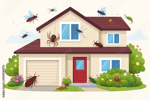 Flat Vector Illustration of a Residential House Infested with Various Giant Insects and Pests like Spiders, Beetles, and Flies, Representing Pest Control, Home Maintenance, and Hygiene Issues.