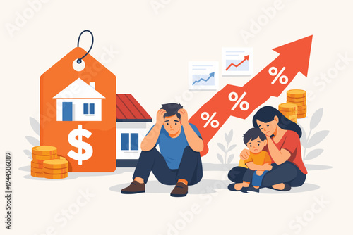 Sad family struggling with high mortgage costs, rising interest rates, and inflation. Depressed parents and child sitting on floor with huge price tag, dollar sign, and upward arrow with percent