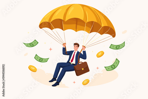 Businessman in a Blue Suit with a Briefcase Descending with a Large Golden Parachute Surrounded by Floating Money Bills and Gold Coins, Concept of Executive Severance Package and Financial Bonus.