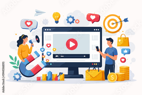 Digital video marketing and social media advertising concept with people using megaphone, magnet, and target for audience engagement, content strategy, online sales, and business growth.